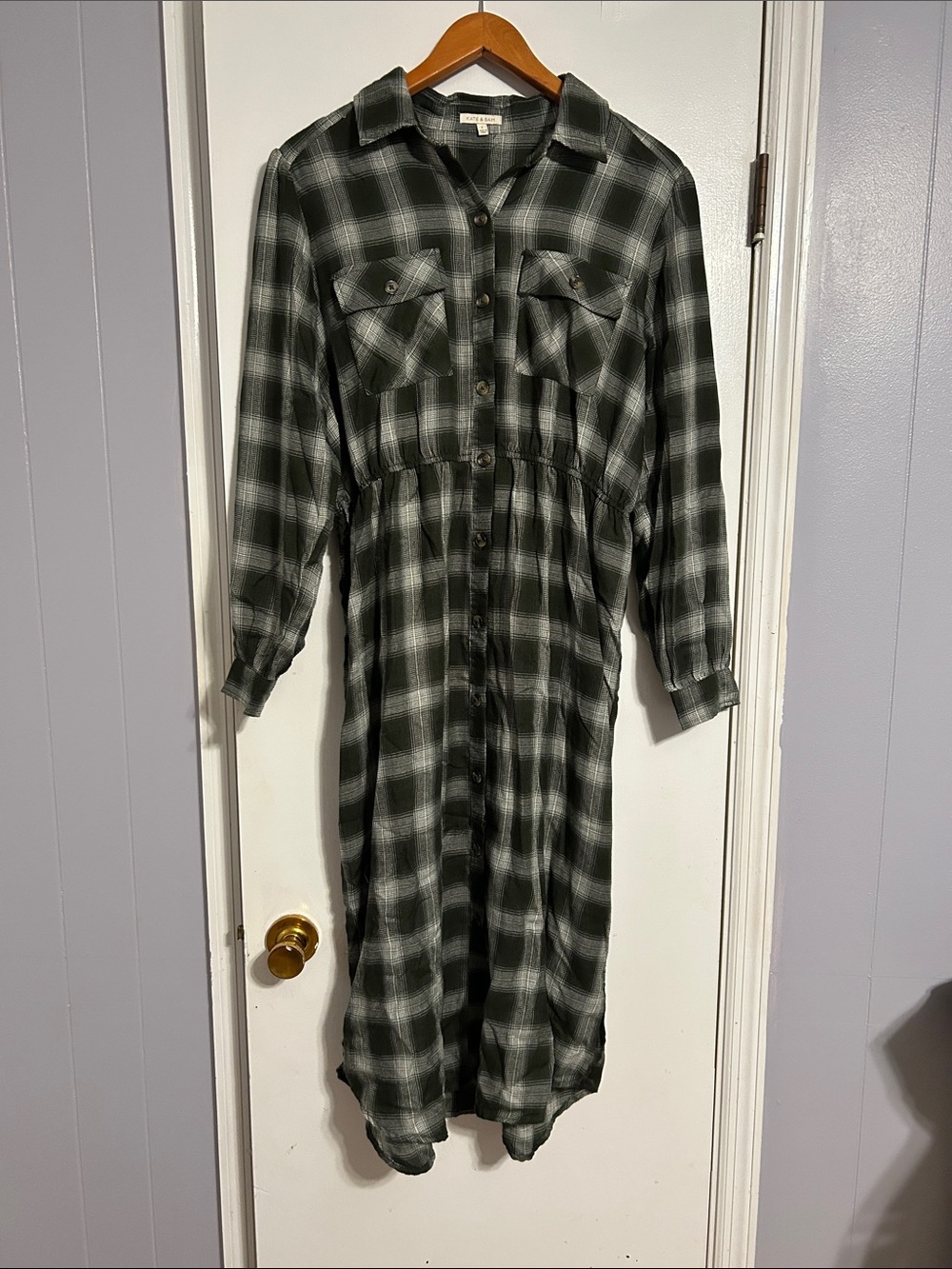 Button-Front Olive Plaid Shirt Dress